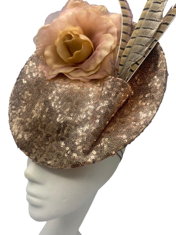 Rose gold sequinned headpiece with peach flower & feather detail.