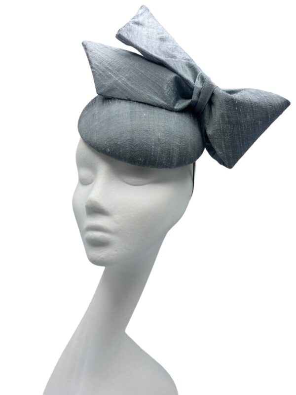 Steel blue/silver side bow headpiece made from the most gorgeous raw silk material.