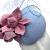 Baby blue headpiece with pink leather flower detail.