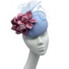 Baby blue headpiece with pink leather flower detail.