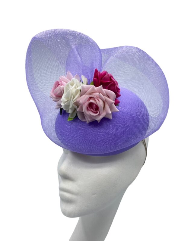 Stunning lilac headpiece with beautiful white, pink and red flower detail.
