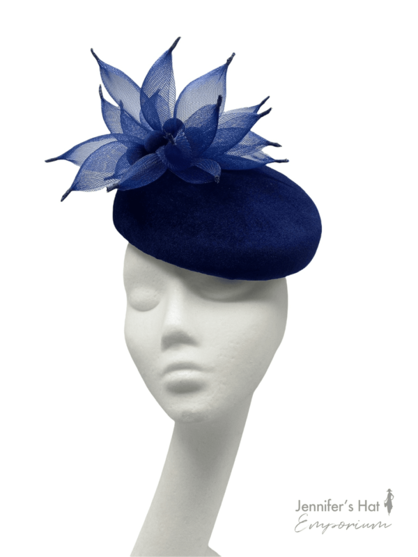 Navy velvet sloping beret with stunning navy handmade flower detail.